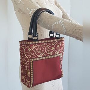 Ebony Wood Handle Red Embordered Cotton | Silk Handbag